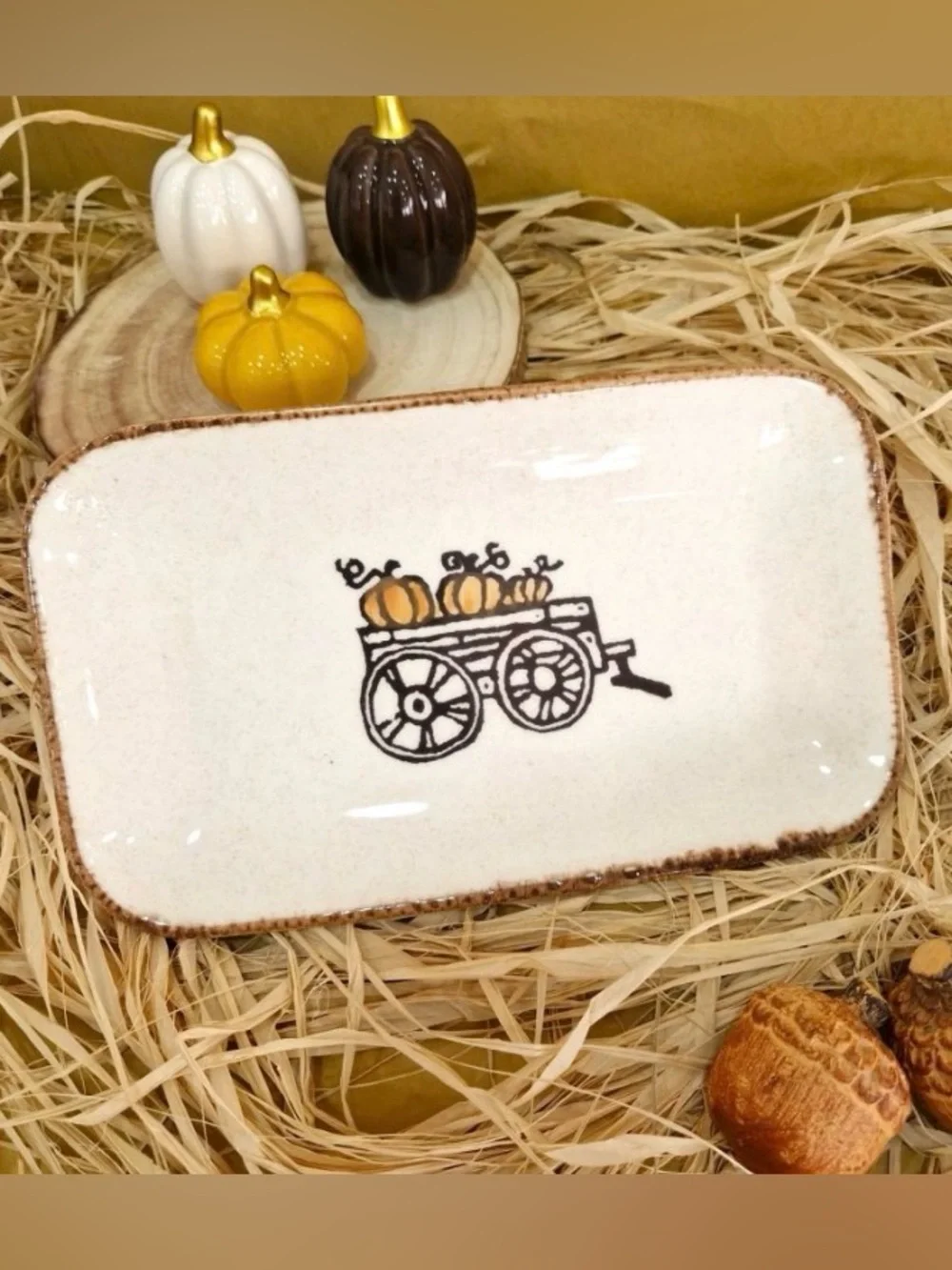 Ceramic Fall Pumpkin Wagon Rectangle Serving Platter Tray Thanksgiving Decor